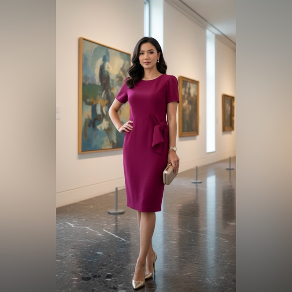 Purple Midi Sheath Dress With Crew Neck For Work